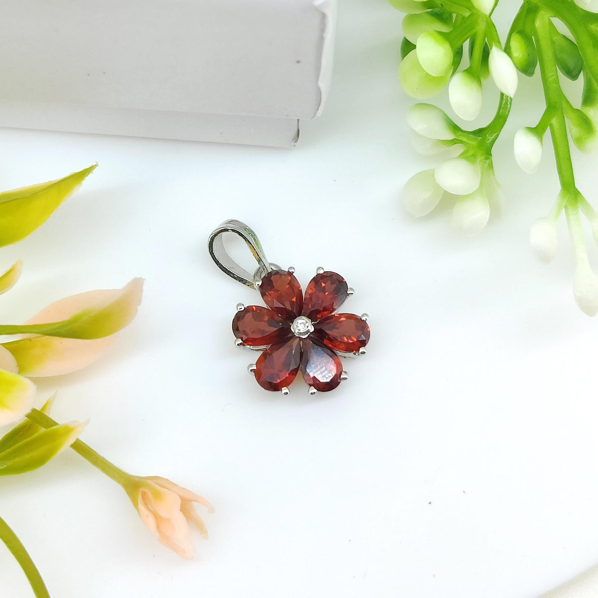Handmade Sterling Silver Flower Garnet Pendant, January Birthstone, Gifts For Her