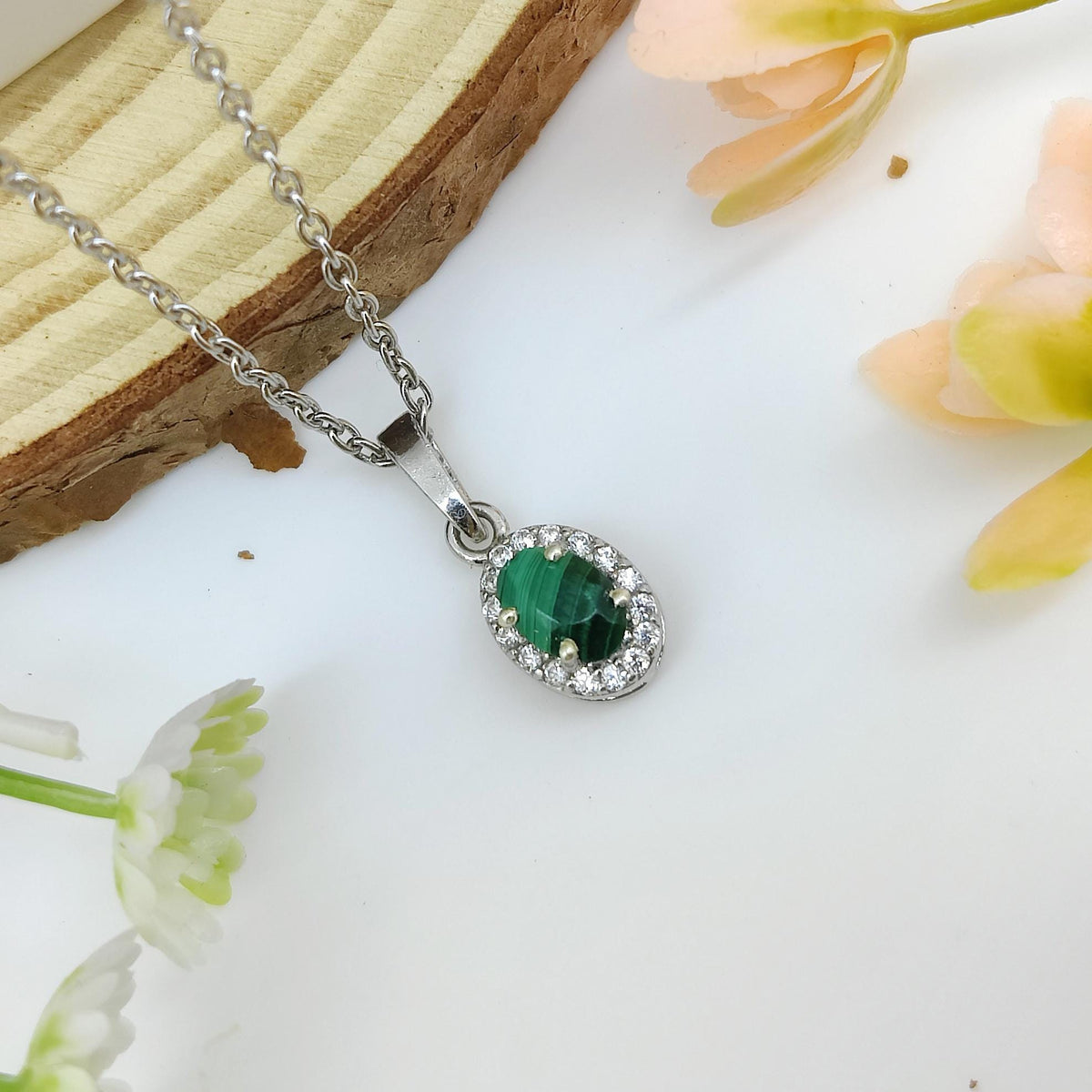 Natural Malachite Pendant-925 Sterling Silver-Oval Gemstone Cluster Pendant-May Birthstone-Cubic Zircon Chain Necklace-Anniversary Gift