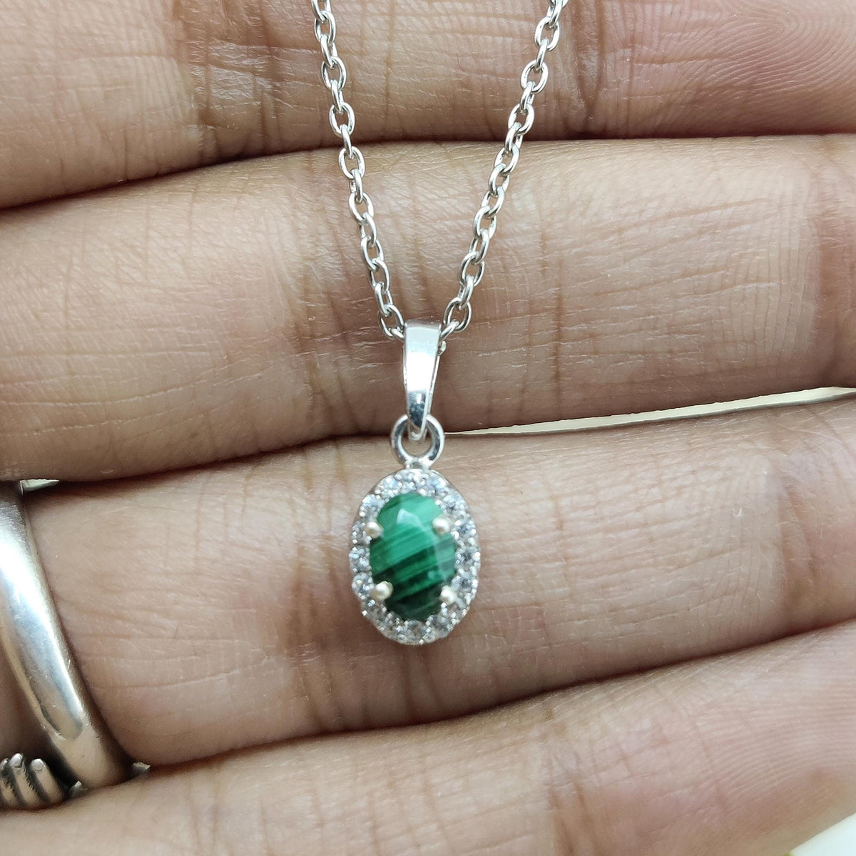 Natural Malachite Pendant-925 Sterling Silver-Oval Gemstone Cluster Pendant-May Birthstone-Cubic Zircon Chain Necklace-Anniversary Gift