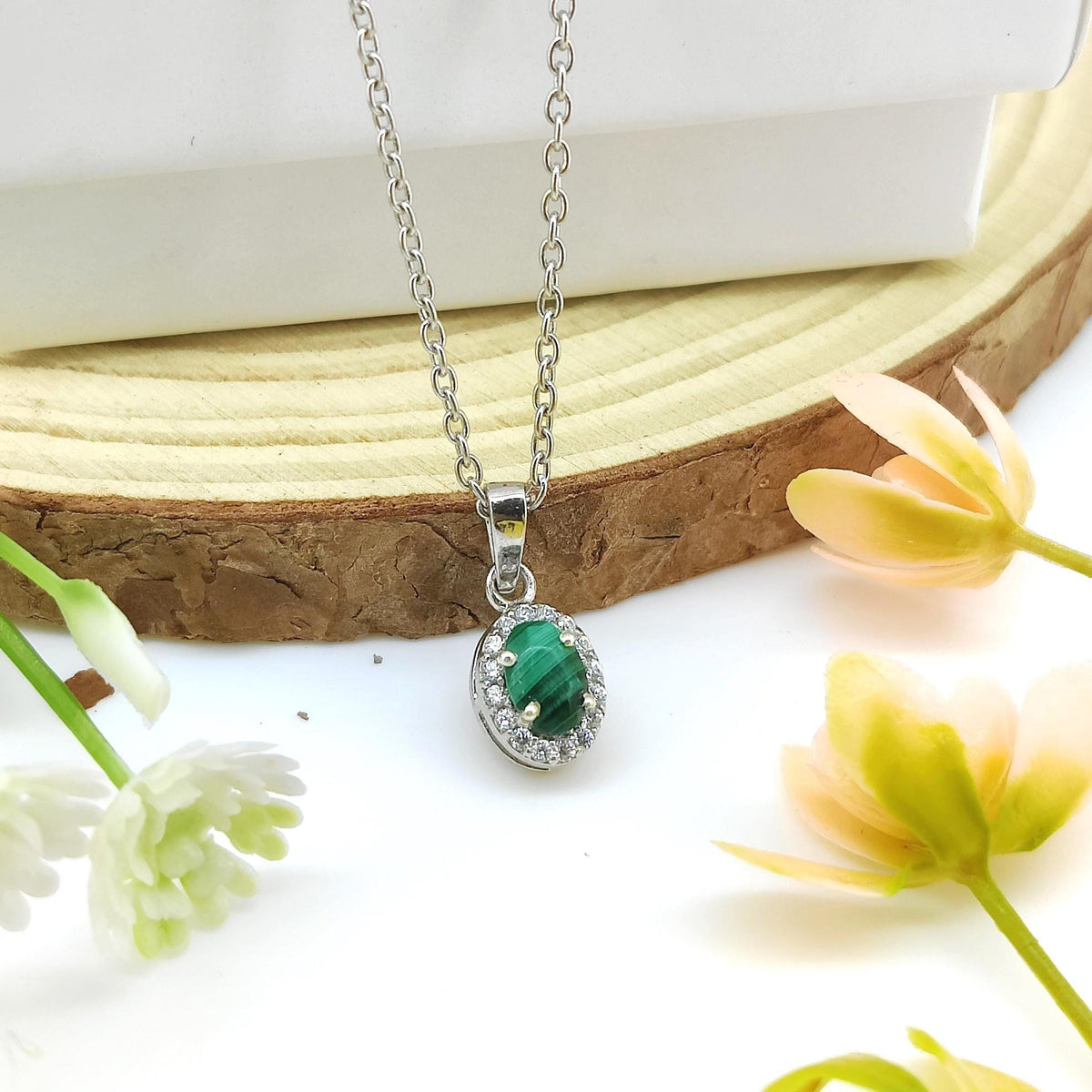 Natural Malachite Pendant-925 Sterling Silver-Oval Gemstone Cluster Pendant-May Birthstone-Cubic Zircon Chain Necklace-Anniversary Gift