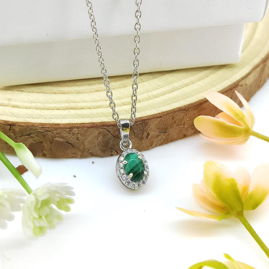 Natural Malachite Pendant-925 Sterling Silver-Oval Gemstone Cluster Pendant-May Birthstone-Cubic Zircon Chain Necklace-Anniversary Gift