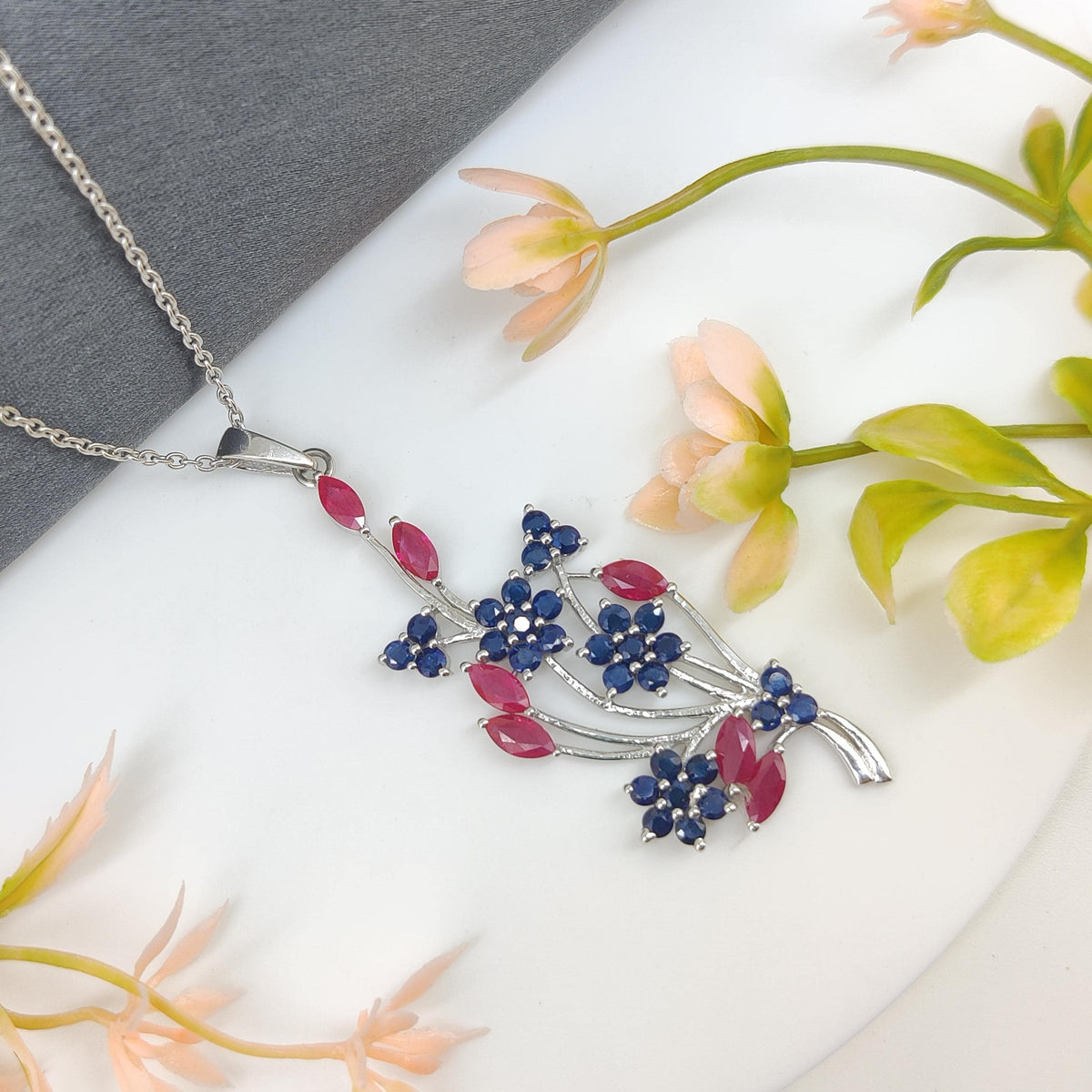 Ruby Sapphire Flower Pendant: Sterling Silver July Birthstone Jewelry