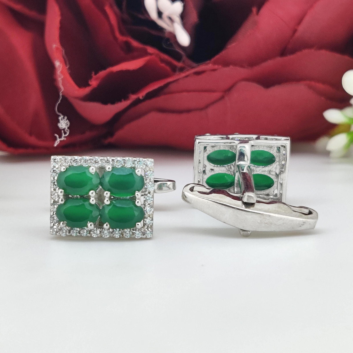 Green Onyx Sterling Silver Cufflinks, Oval Gemstone Men's Wedding Jewelry