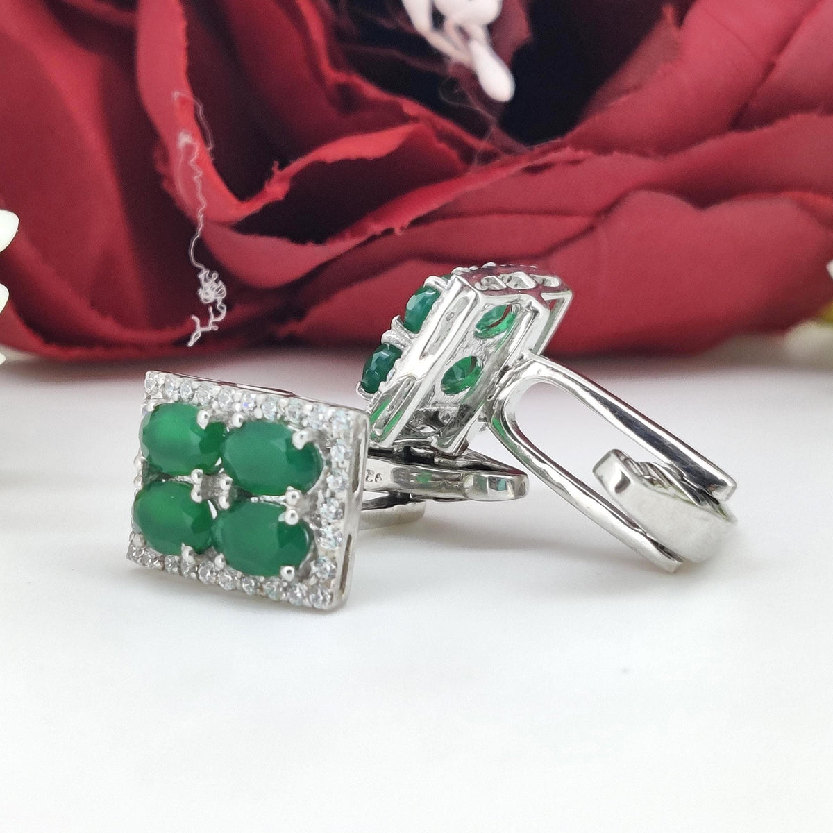 Green Onyx Sterling Silver Cufflinks, Oval Gemstone Men's Wedding Jewelry