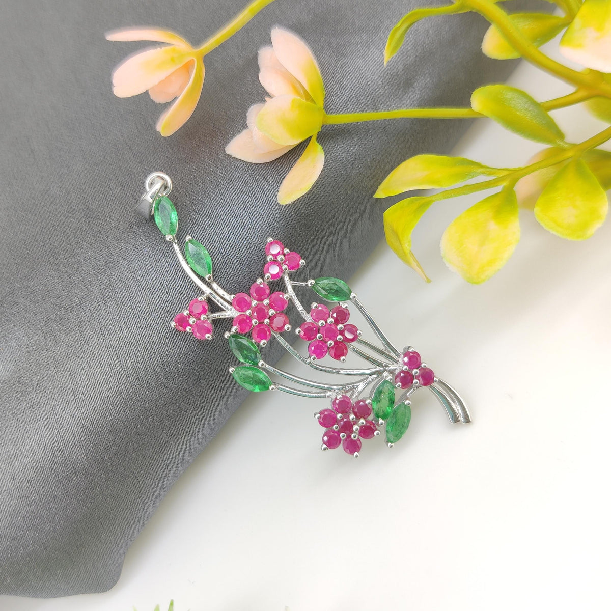 Ruby Flower Pendant: Sterling Silver, Emerald Accent, July Birthstone