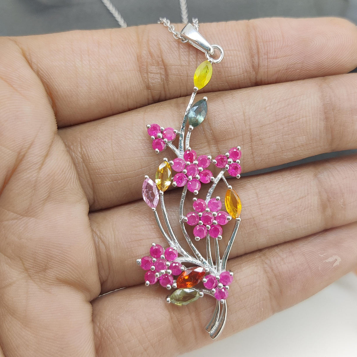 Ruby Flower Pendant: Sterling Silver Multi-Sapphire Floral Jewelry