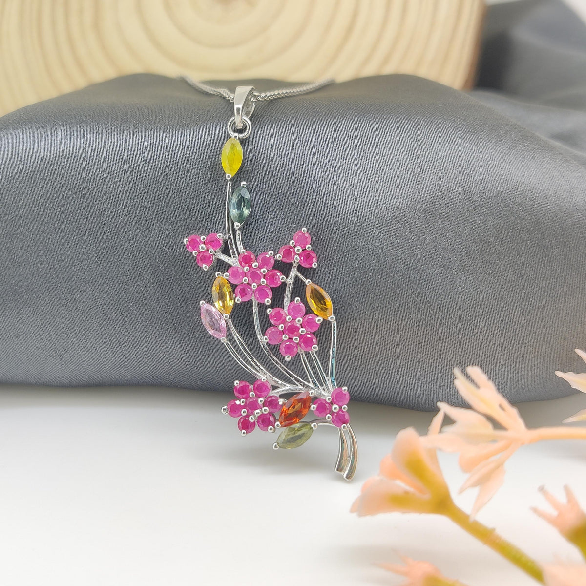 Ruby Flower Pendant: Sterling Silver Multi-Sapphire Floral Jewelry