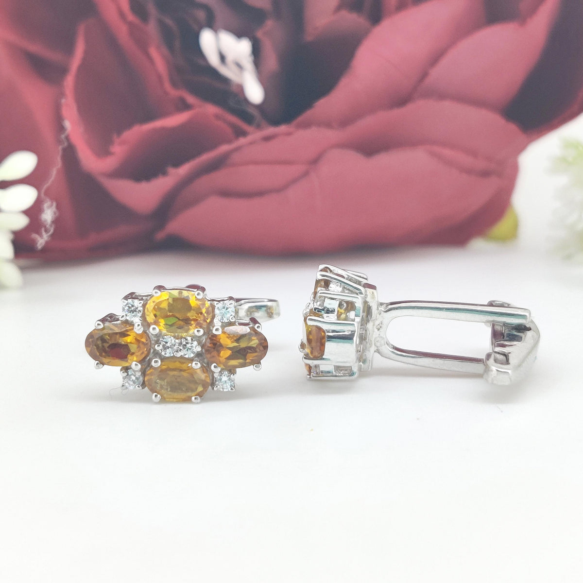 Sterling Silver Citrine Cufflinks, Oval Yellow Gemstone, November Birthstone, Men's Jewelry