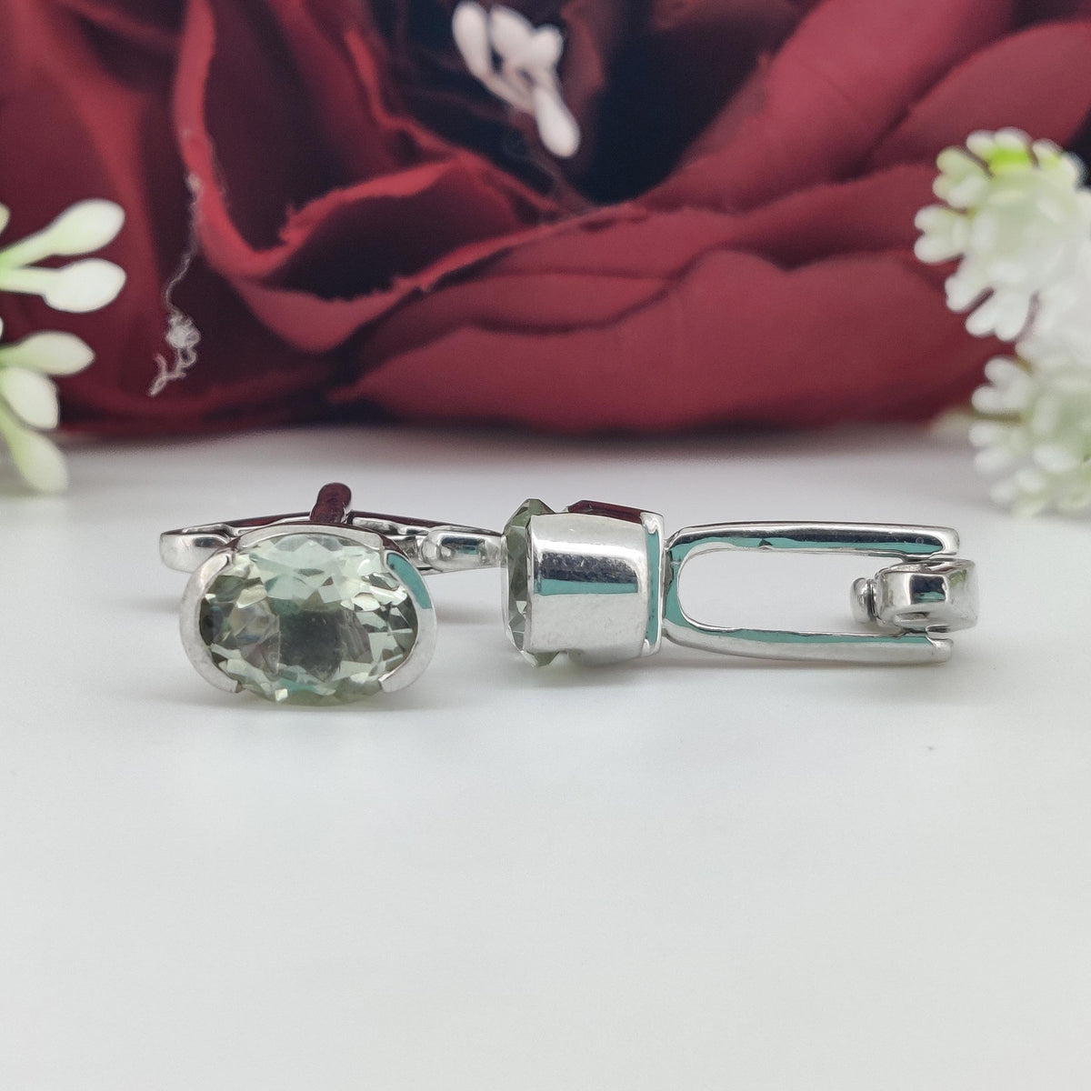 Oval Green Amethyst Sterling Silver Cufflinks, February Birthstone Men's Jewelry