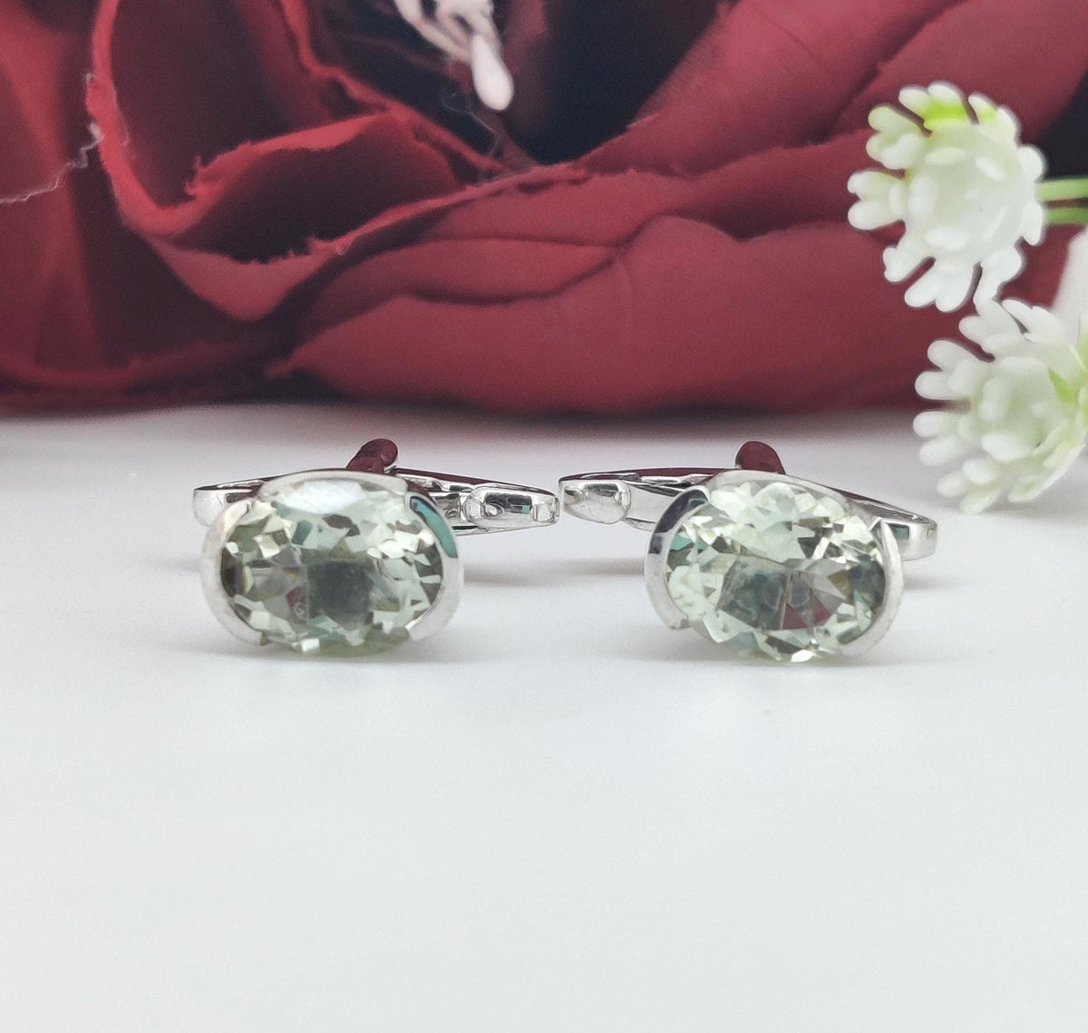 Oval Green Amethyst Sterling Silver Cufflinks, February Birthstone Men's Jewelry