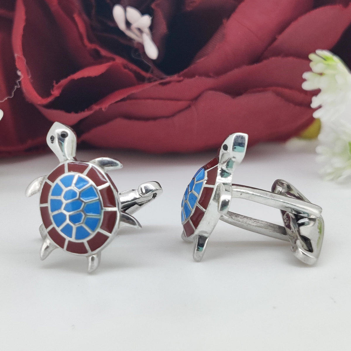 Sterling Silver Turtle Enamel Cufflinks, Formal Men's Wear Accessories