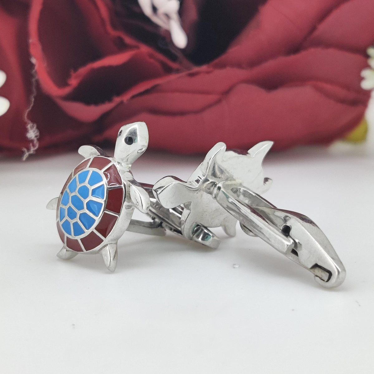 Sterling Silver Turtle Enamel Cufflinks, Formal Men's Wear Accessories