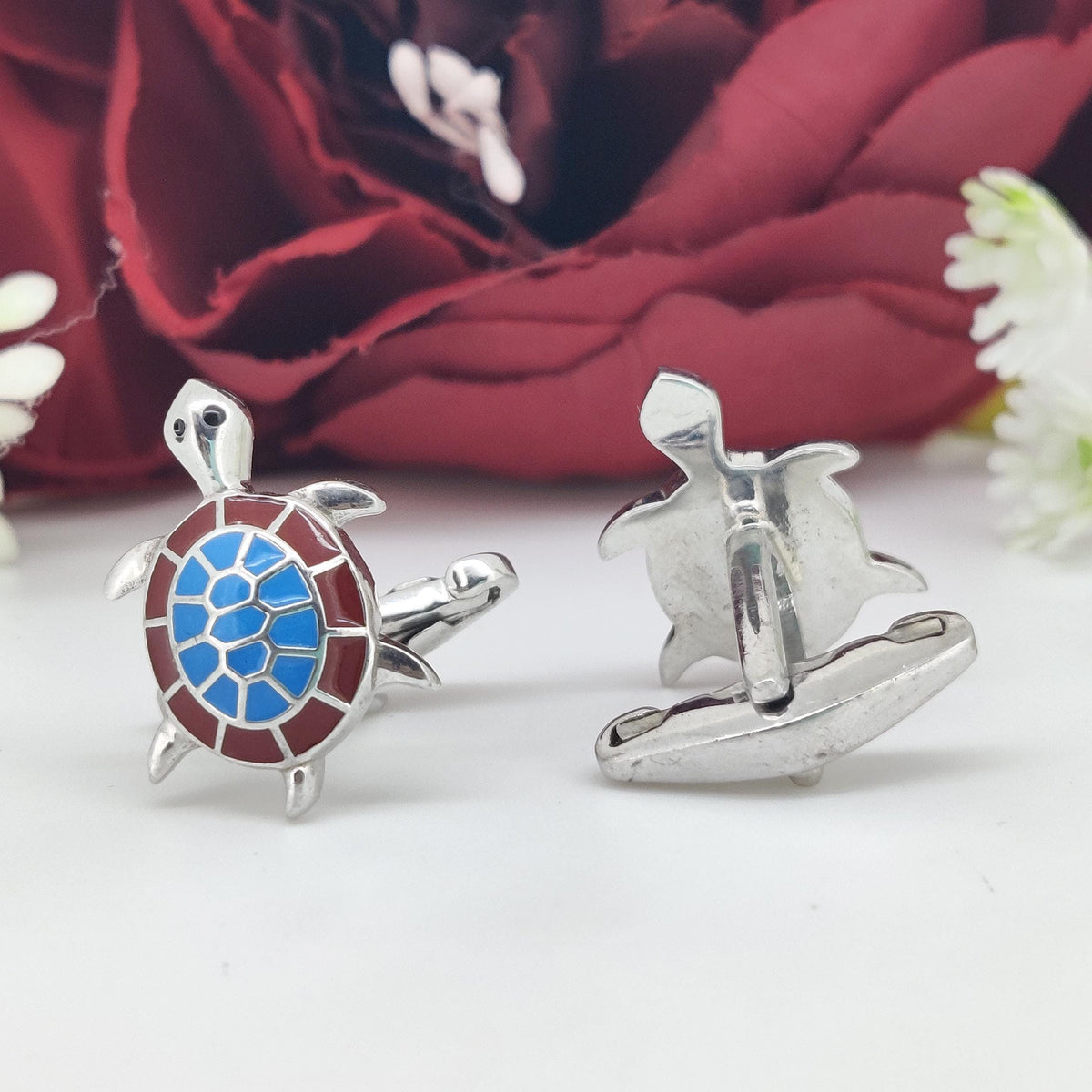 Sterling Silver Turtle Enamel Cufflinks, Formal Men's Wear Accessories