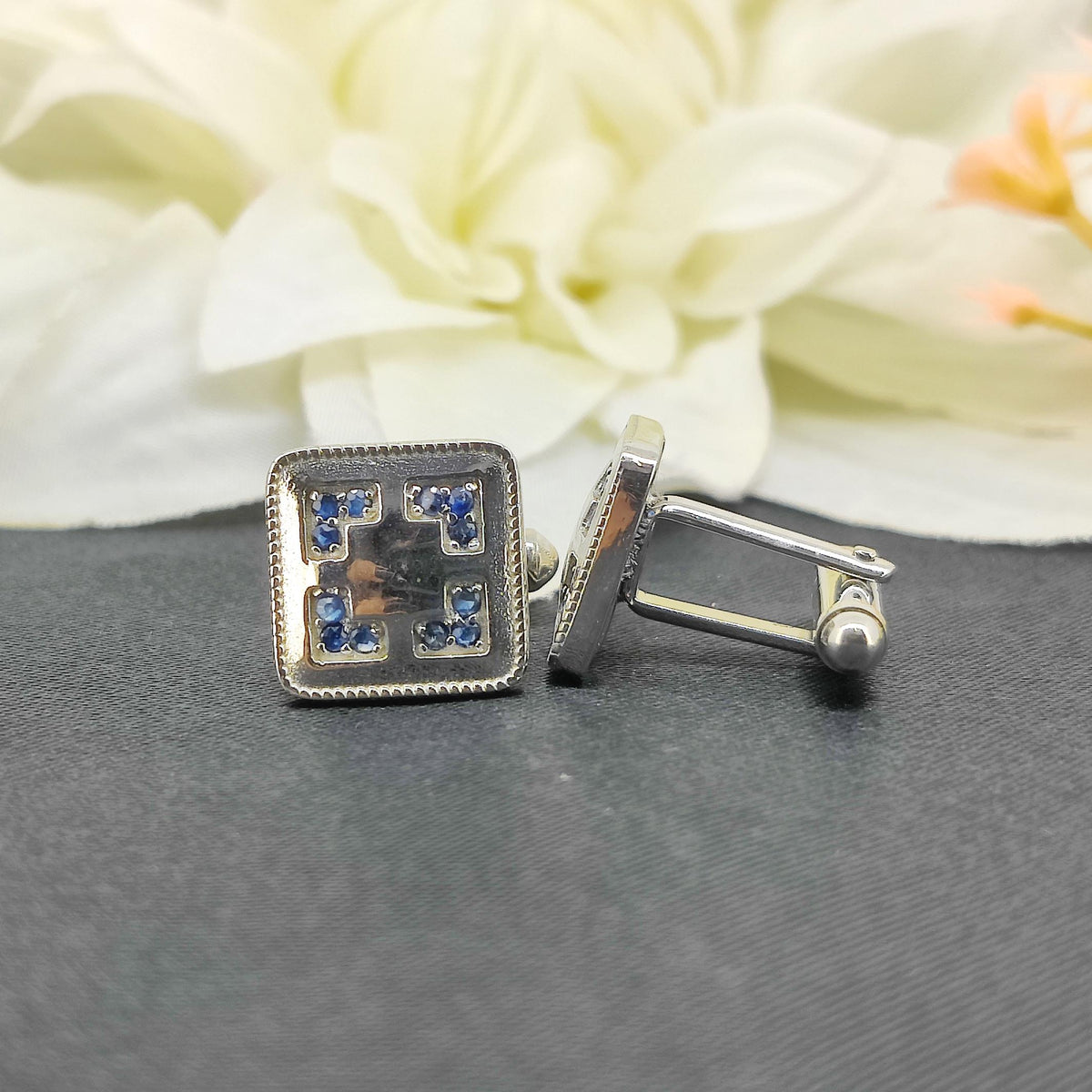 925 Sterling Silver Sapphire Cufflinks - Handmade Cufflinks September Birthstone- Men's Accessories Gift For Her