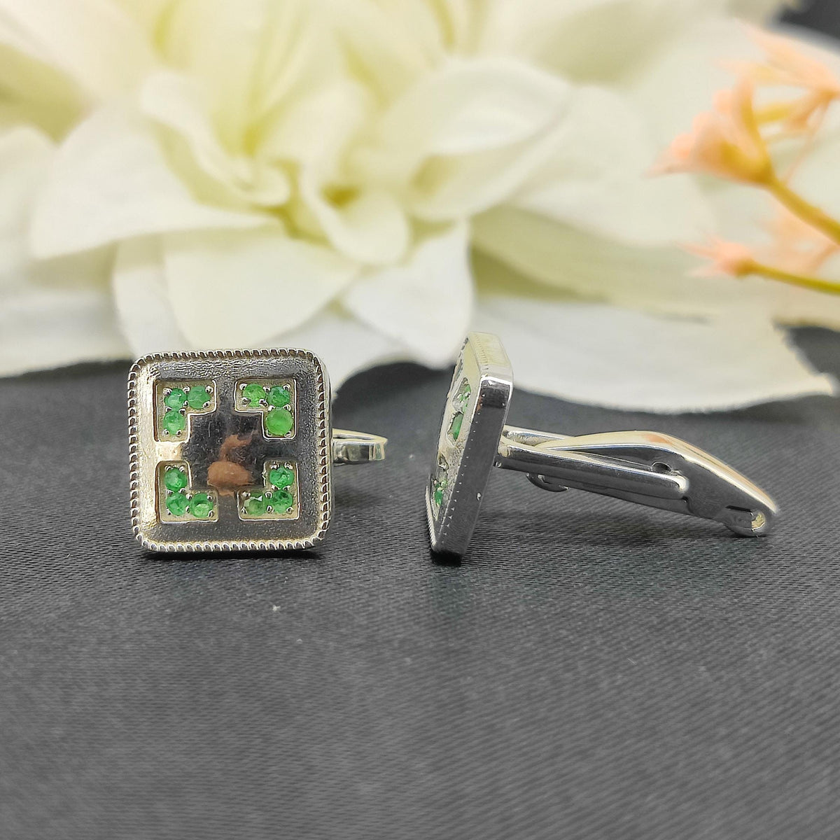 Natural Emerald Cufflinks-925 Sterling Silver-May Birthstone-Minimalist Square Cufflinks-Formal Wear Men's Accessories-Gift for him