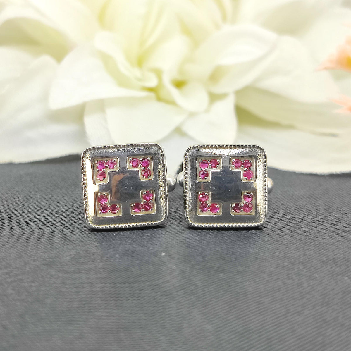 Ruby Cufflinks, Sterling Silver Gemstone Jewelry, July Birthstone, -Handmade Jewelry-Anniversary Gift-Round Gemstone-Silver Cufflinks