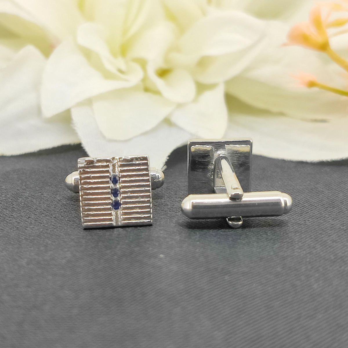 Natural Sapphire Cufflinks-925 Sterling Silver-Minimalist Square Cufflinks-September Birthstone-Men's Formal Wear-Anniversary Gift