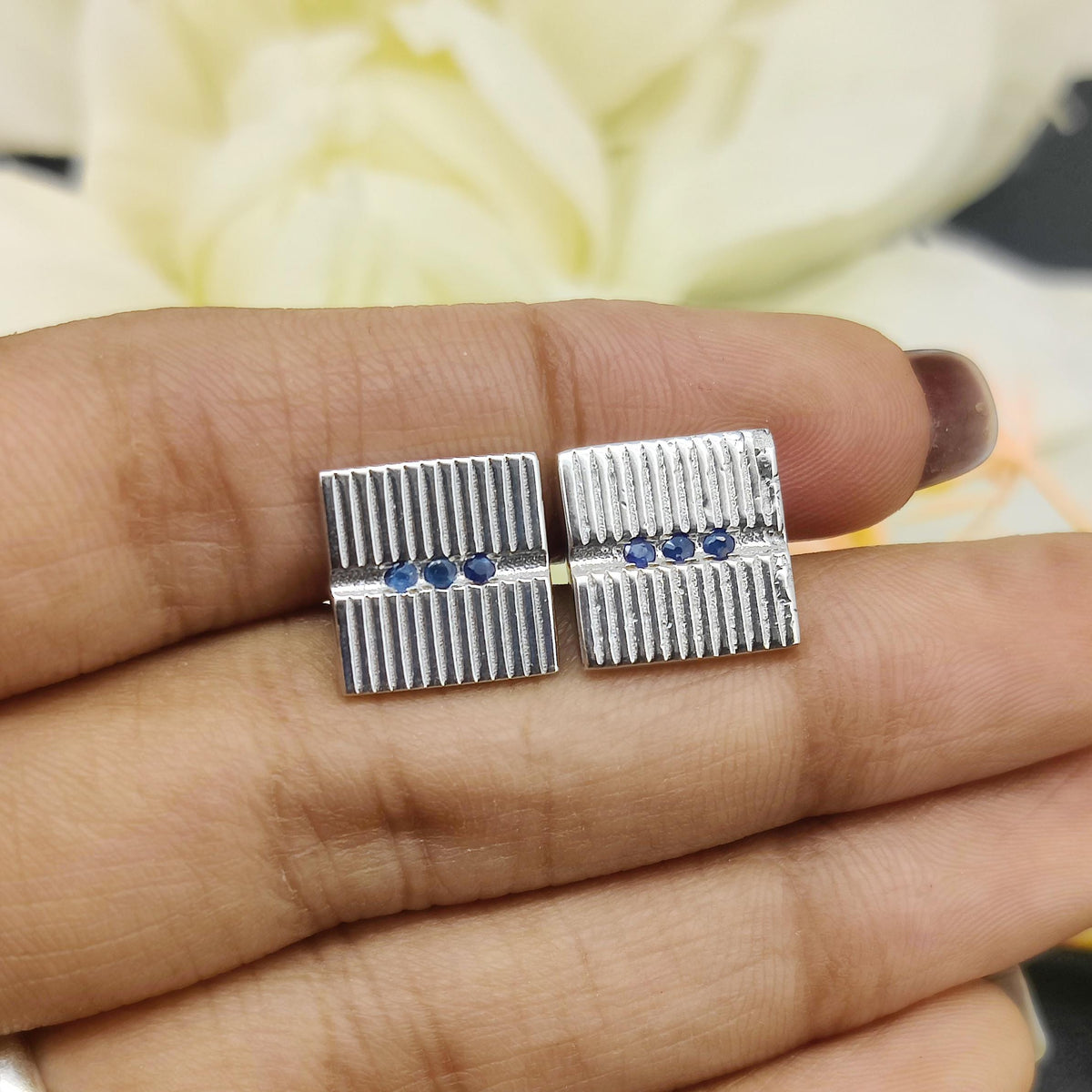 Natural Sapphire Cufflinks-925 Sterling Silver-Minimalist Square Cufflinks-September Birthstone-Men's Formal Wear-Anniversary Gift