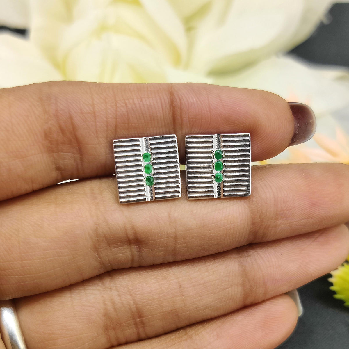 Emerald Cufflinks, Sterling Silver Gemstone Jewelry, May Birthstone