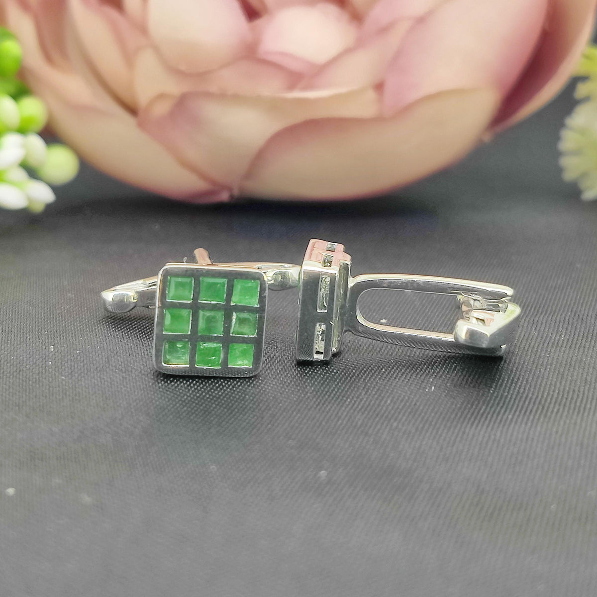 Natural Emerald Gemstone Cufflinks-Sterling Silver-May Birthstone Jewelry-Men's Formal Wear-Gift for him