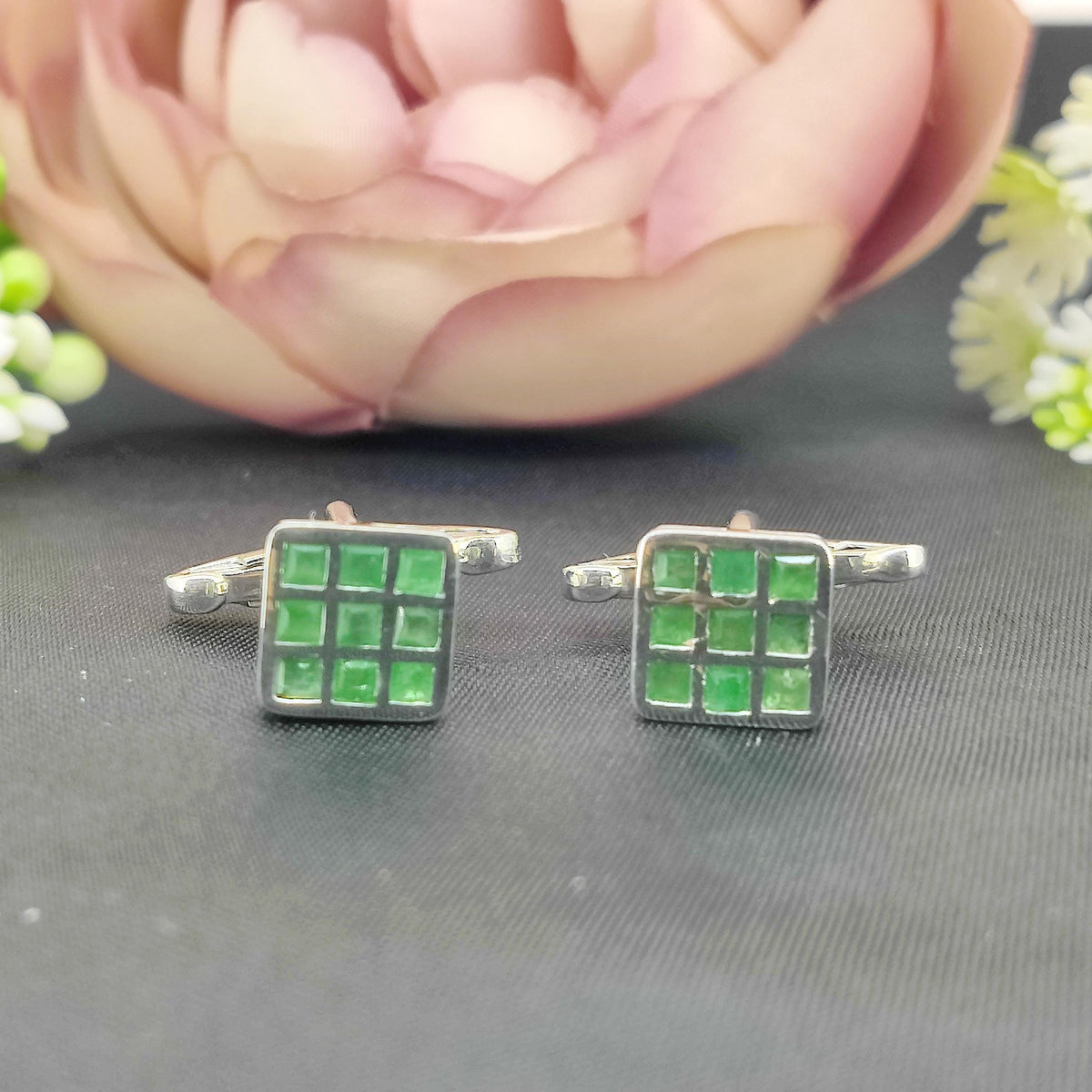Natural Emerald Gemstone Cufflinks-Sterling Silver-May Birthstone Jewelry-Men's Formal Wear-Gift for him