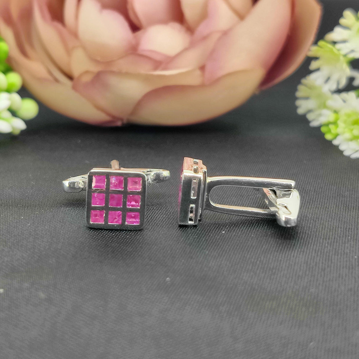 Natural Ruby Cufflinks-925 Sterling Silver Jewelry-Square Cufflinks-July Birthstone-Formal Wear Men's Accessories-Gift for him