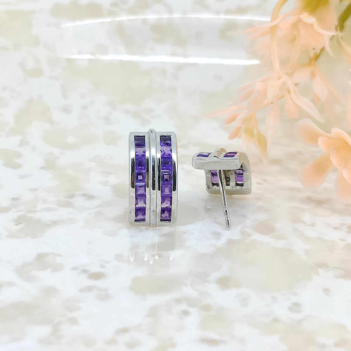 Natural African Amethyst Stud Earring-925 Sterling Silver-Square Gemstone-February Birthstone Earrings-Purple Amethyst Jewelry-Gift for her