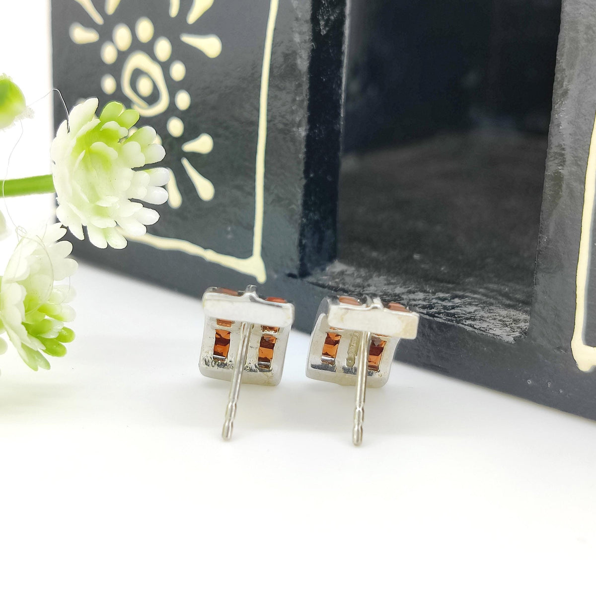 Square Garnet Stud Earrings: Sterling Silver January Birthstone