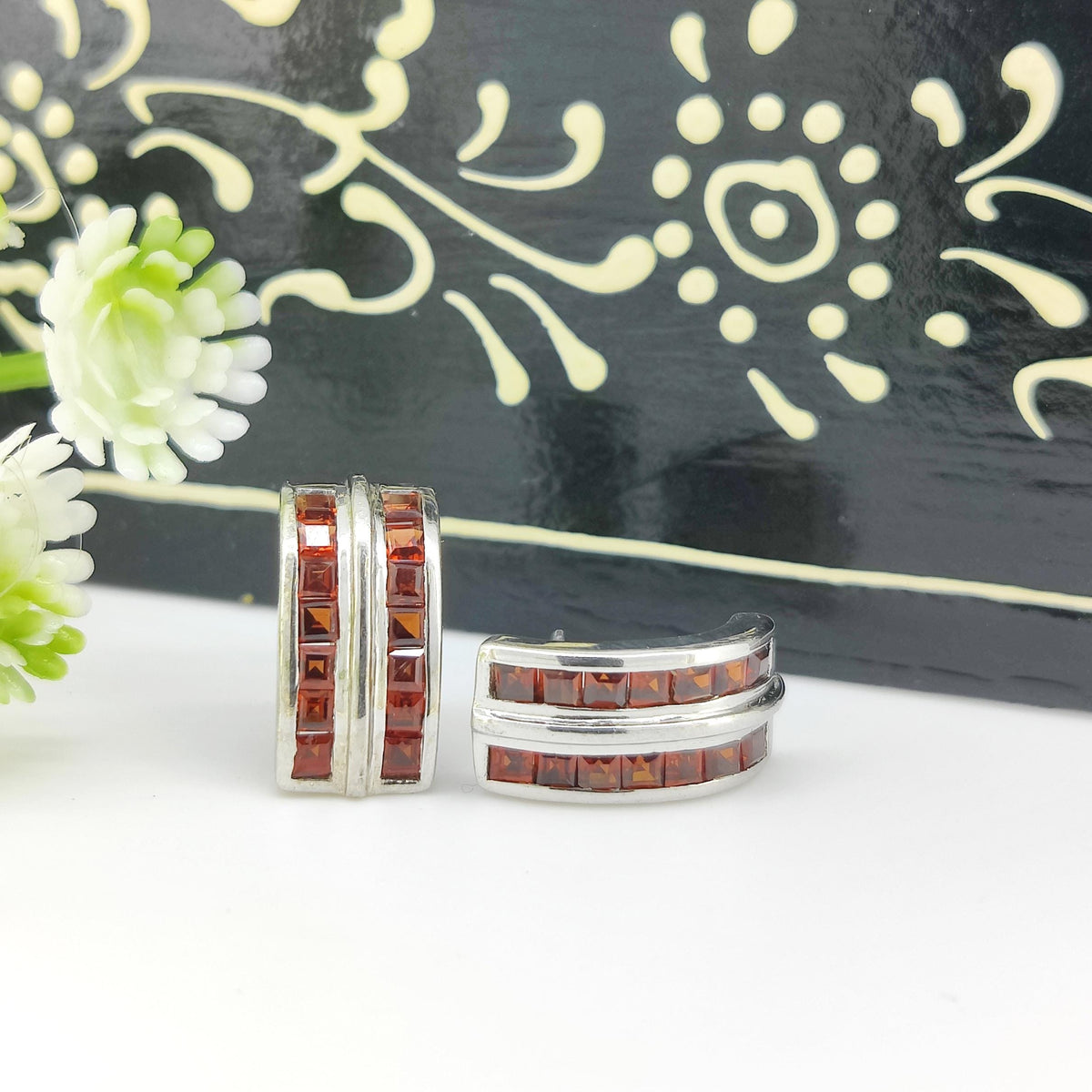 Square Garnet Stud Earrings: Sterling Silver January Birthstone