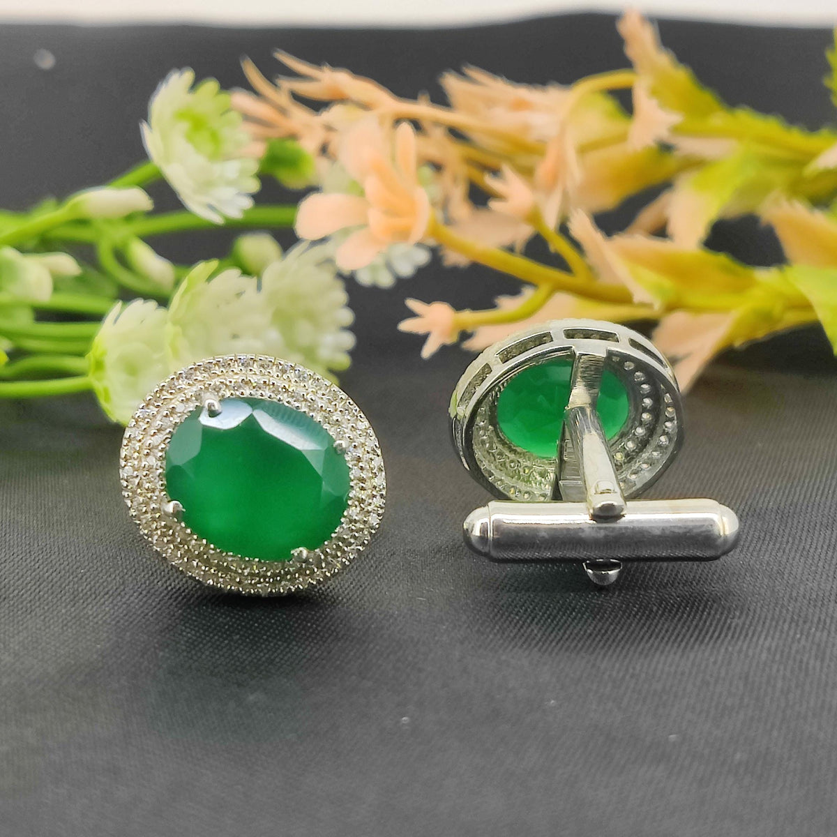 Natural Green Onyx Sterling Silver Cufflinks, Oval Gemstone Men's Accessories (May Birthstone)