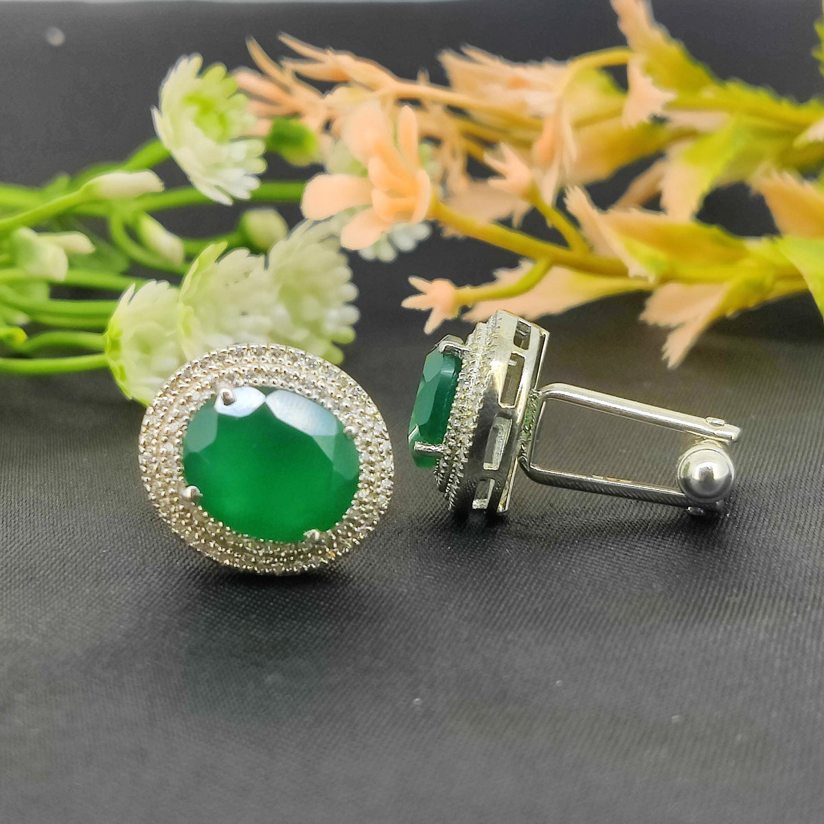 Natural Green Onyx Sterling Silver Cufflinks, Oval Gemstone Men's Accessories (May Birthstone)