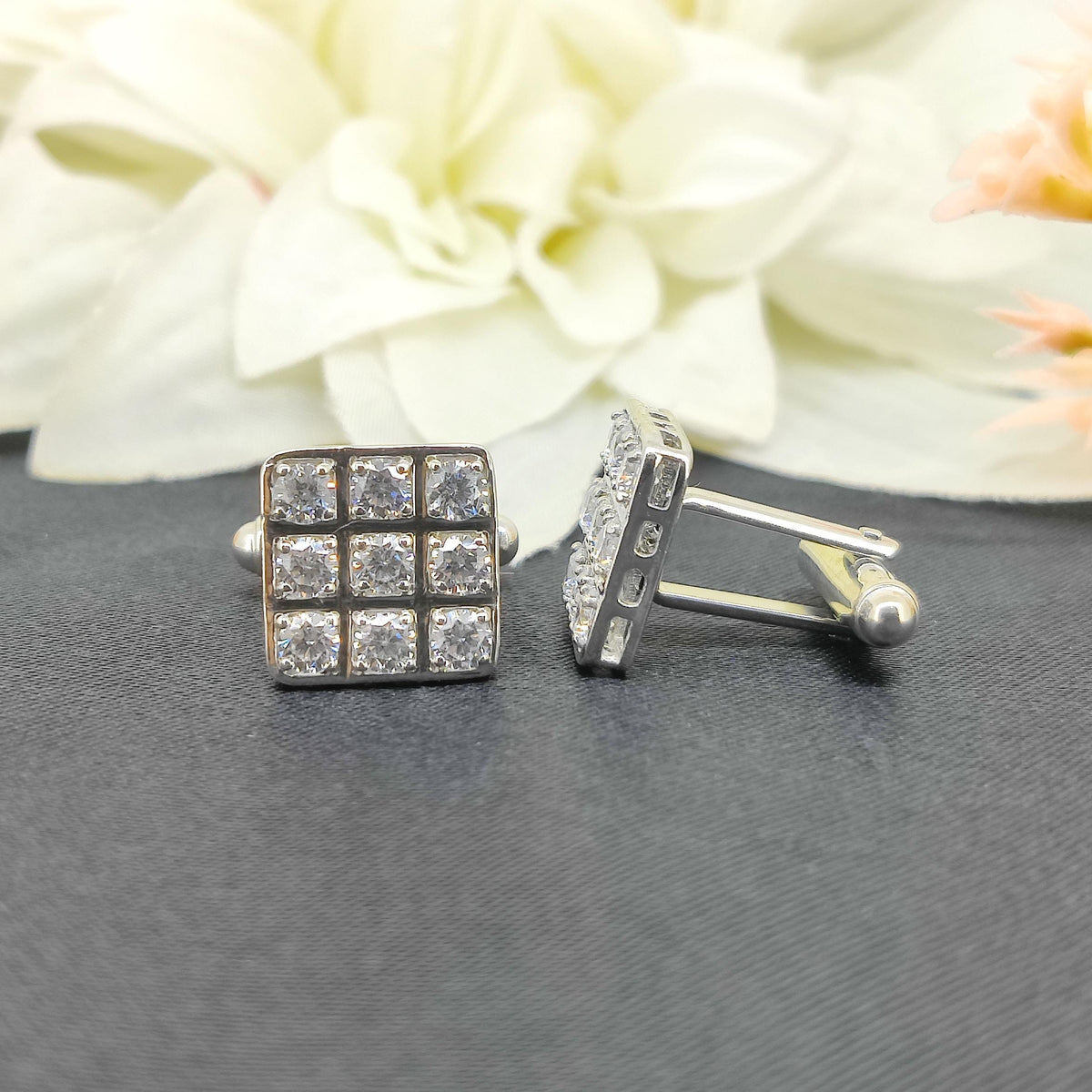 Sterling Silver Cubic Zirconia Cufflinks, Men's Square Cut Wedding Jewelry