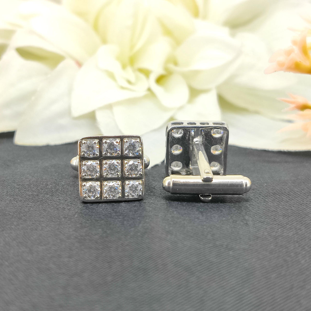 Sterling Silver Cubic Zirconia Cufflinks, Men's Square Cut Wedding Jewelry