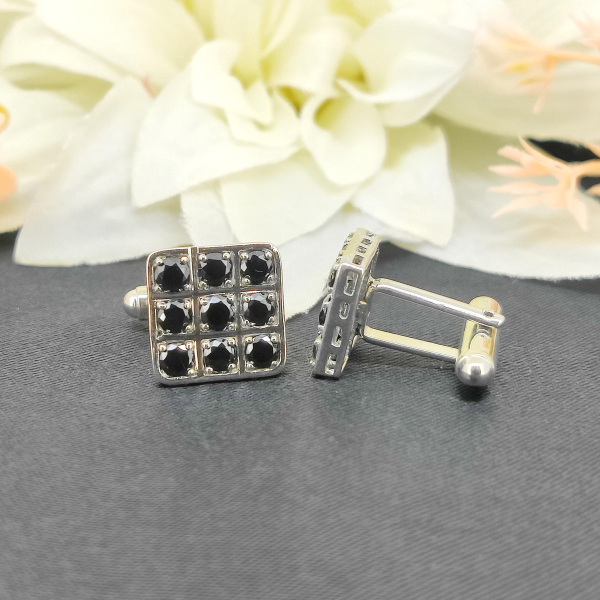 Sterling Silver Black CZ Cufflinks, Square Cut Men's Tuxedo Jewelry, April Birthstone Accessories