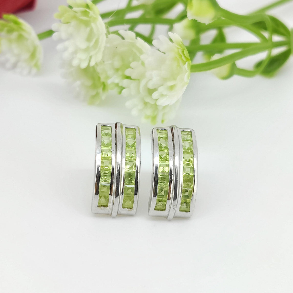 Square Peridot Stud Earrings: August Birthstone, Sterling Silver