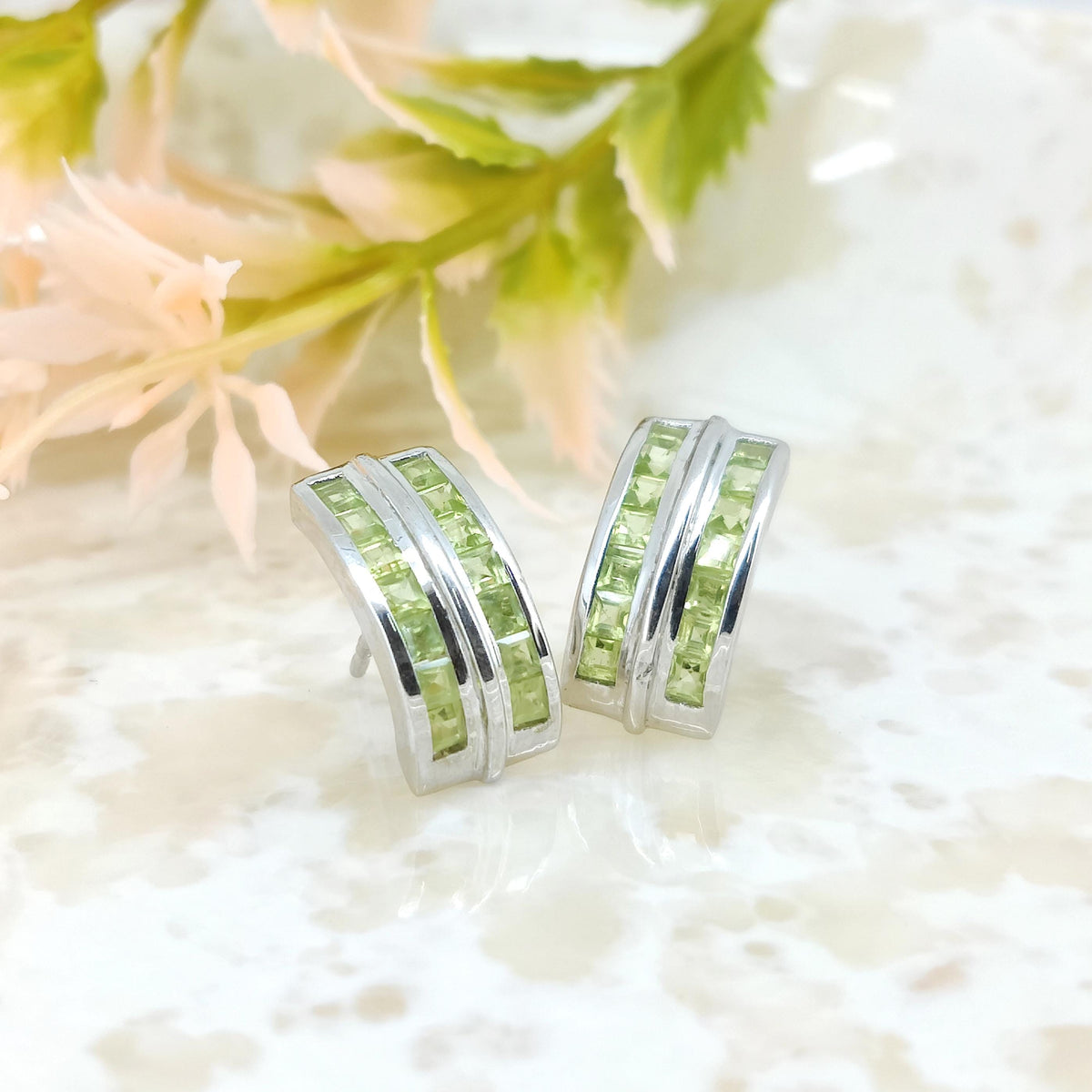 Square Peridot Stud Earrings: August Birthstone, Sterling Silver