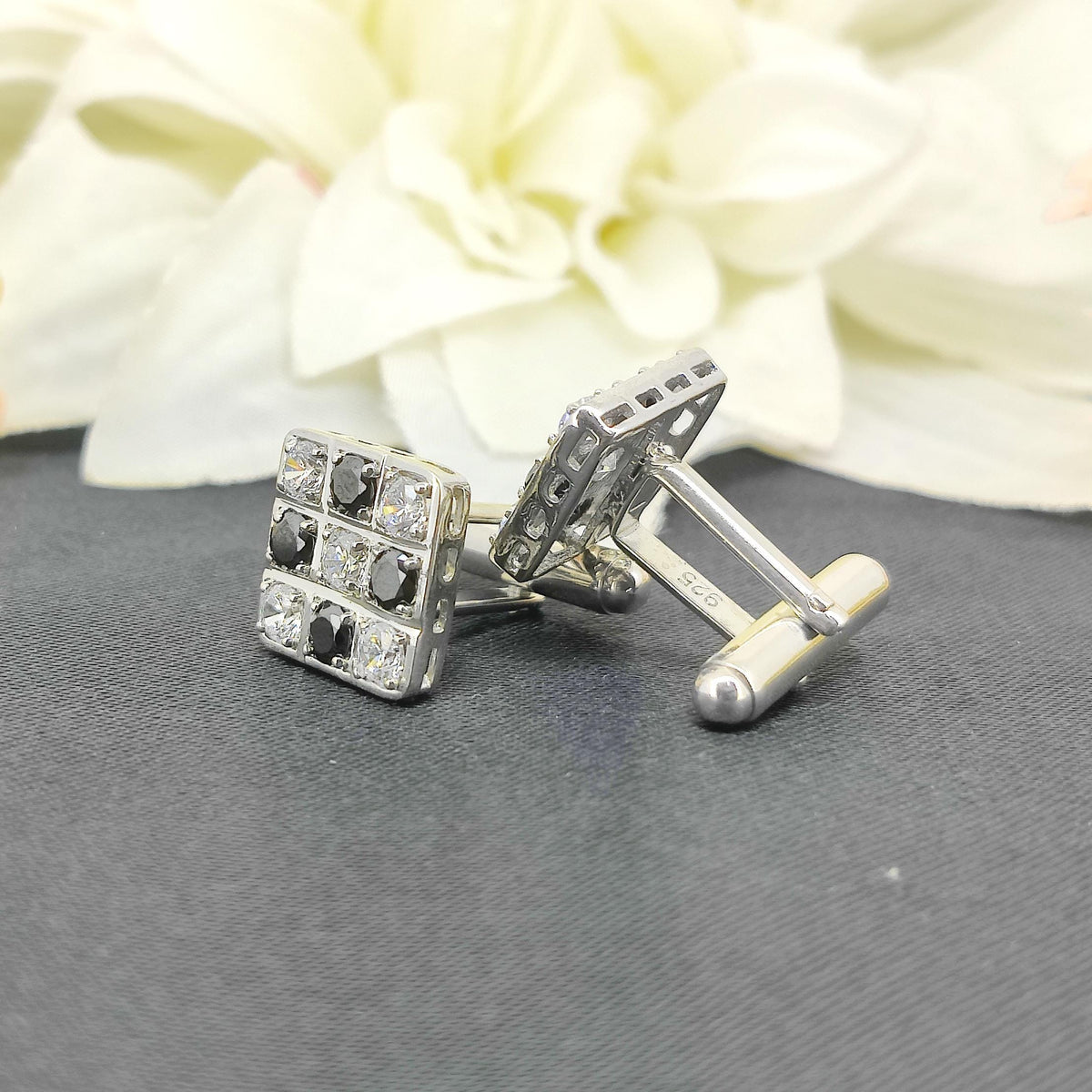 Cubic Zircon Cufflinks-925 Sterling Silver Jewelry-Black & White Zircon-Square Cut Cufflinks-April Birthstone-Formal Wear Men's Accessories