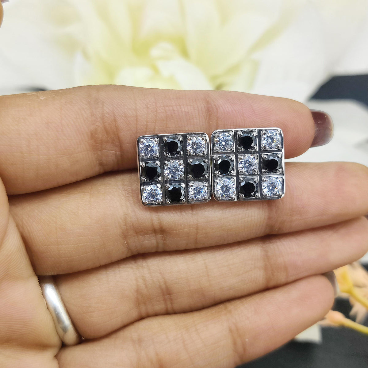 Cubic Zircon Cufflinks-925 Sterling Silver Jewelry-Black & White Zircon-Square Cut Cufflinks-April Birthstone-Formal Wear Men's Accessories