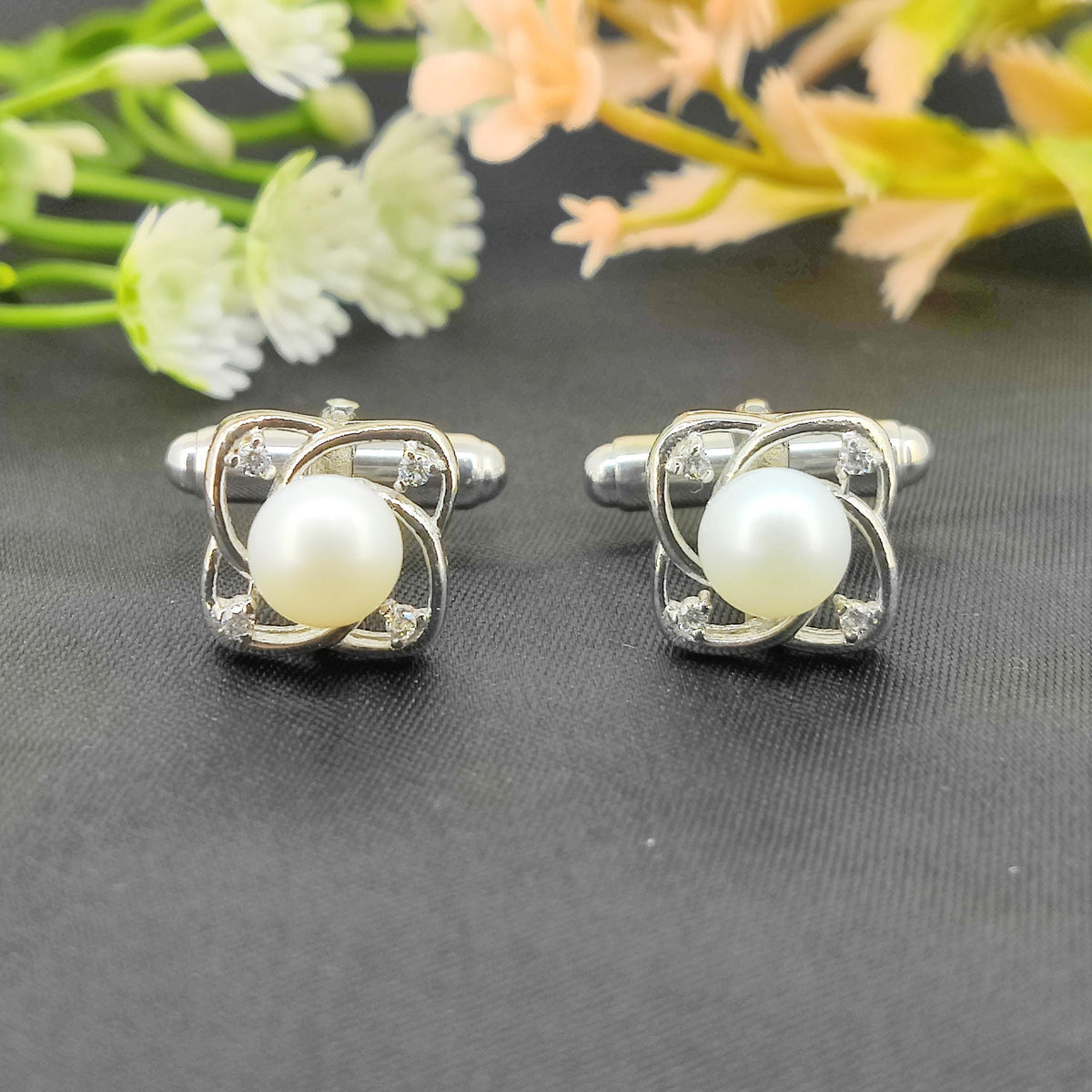 White Pearl Cufflinks-925 Sterling Silver Jewelry-June Birthstone-Cubic Zircon Star Cufflinks-Minimalist Handmade Jewelry-Anniversary Gift