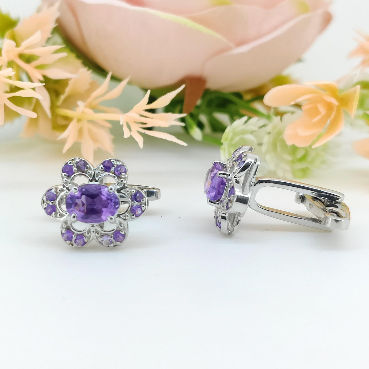 Purple Amethyst Oval Gemstone Cufflinks, 925 Sterling Silver, February Birthstone Jewelry