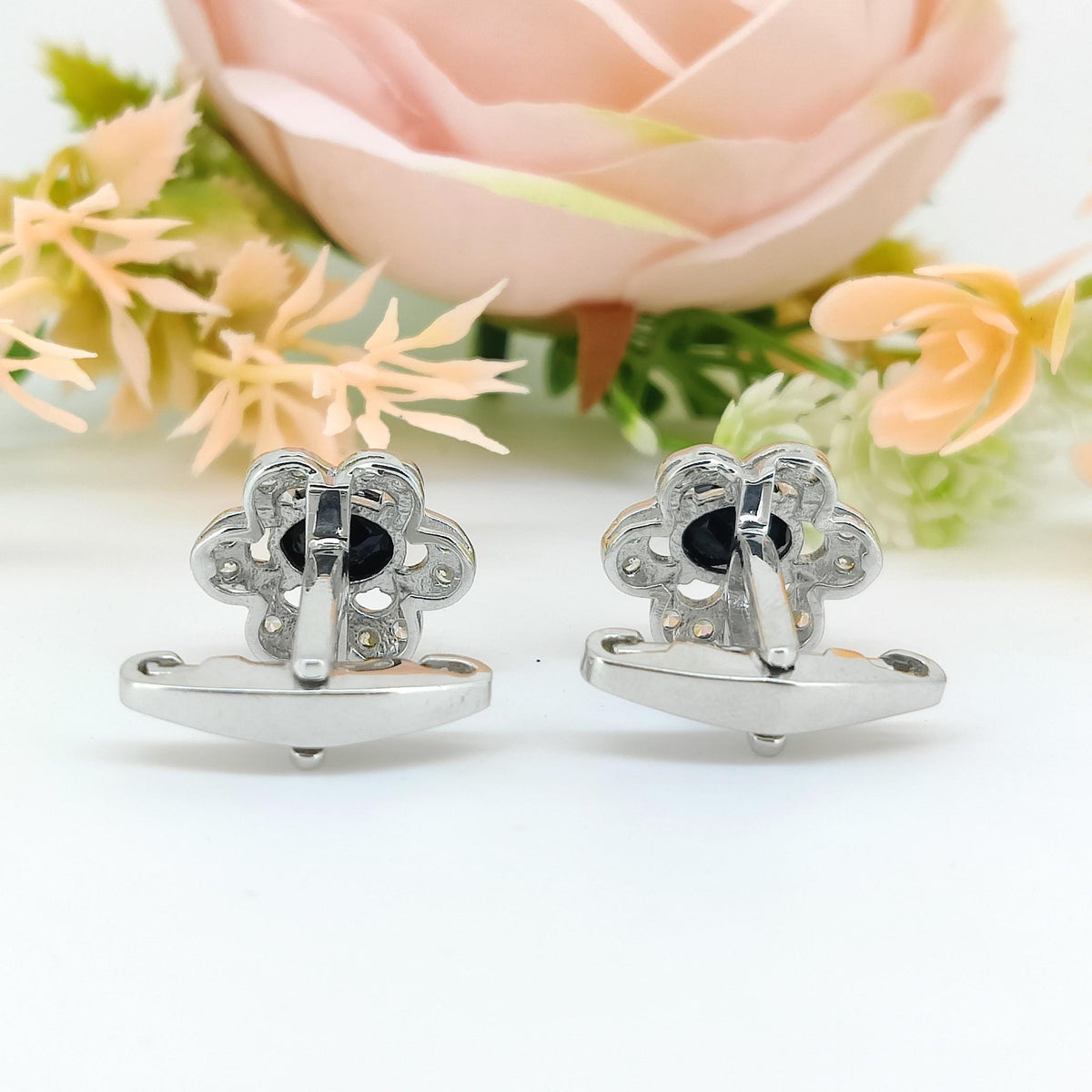 Oval Black Onyx Sterling Silver Earrings, Zircon Flower Cluster Jewelry, July Birthstone Gift