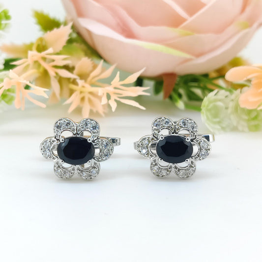Oval Black Onyx Sterling Silver Earrings, Zircon Flower Cluster Jewelry, July Birthstone Gift