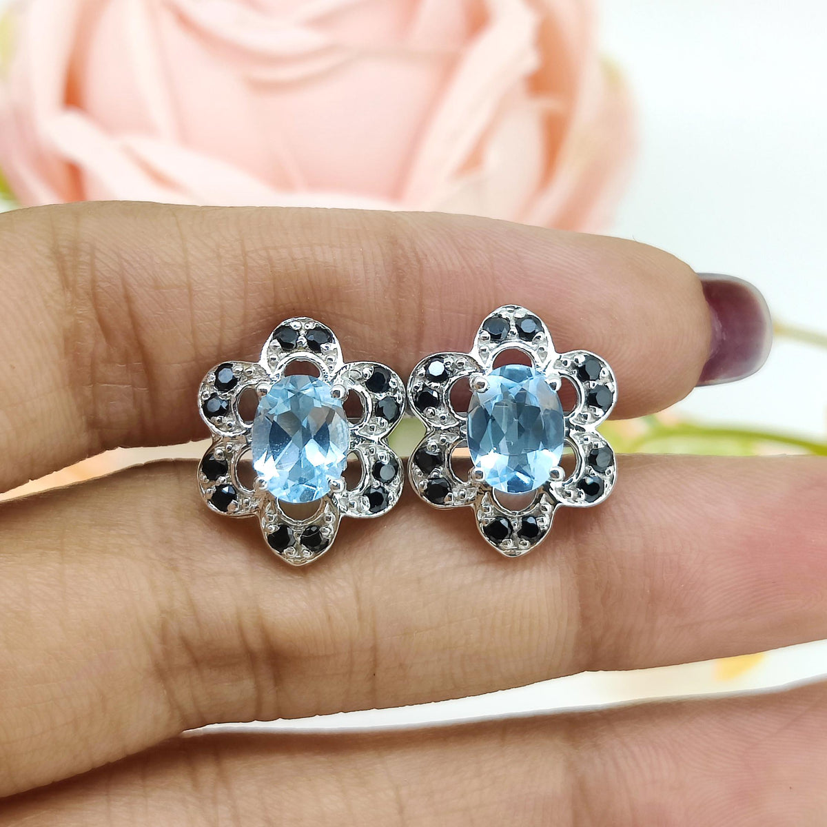 Oval Blue Topaz Cufflinks, 925 Sterling Silver, December Birthstone, Minimalist Flower Design