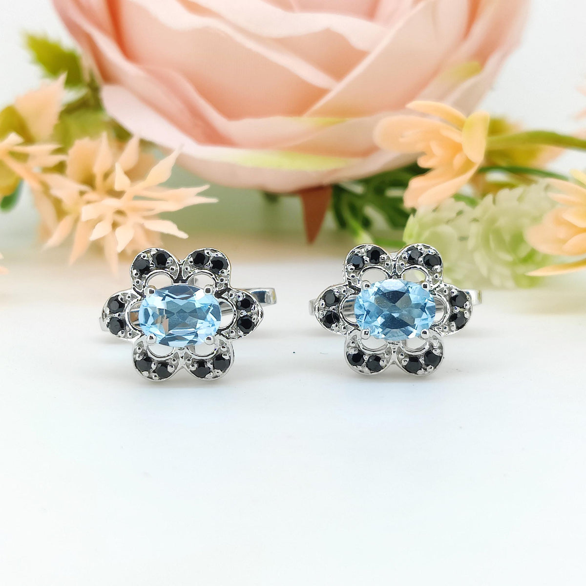 Oval Blue Topaz Cufflinks, 925 Sterling Silver, December Birthstone, Minimalist Flower Design