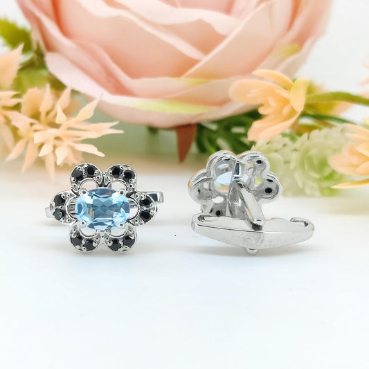 Oval Blue Topaz Cufflinks, 925 Sterling Silver, December Birthstone, Minimalist Flower Design