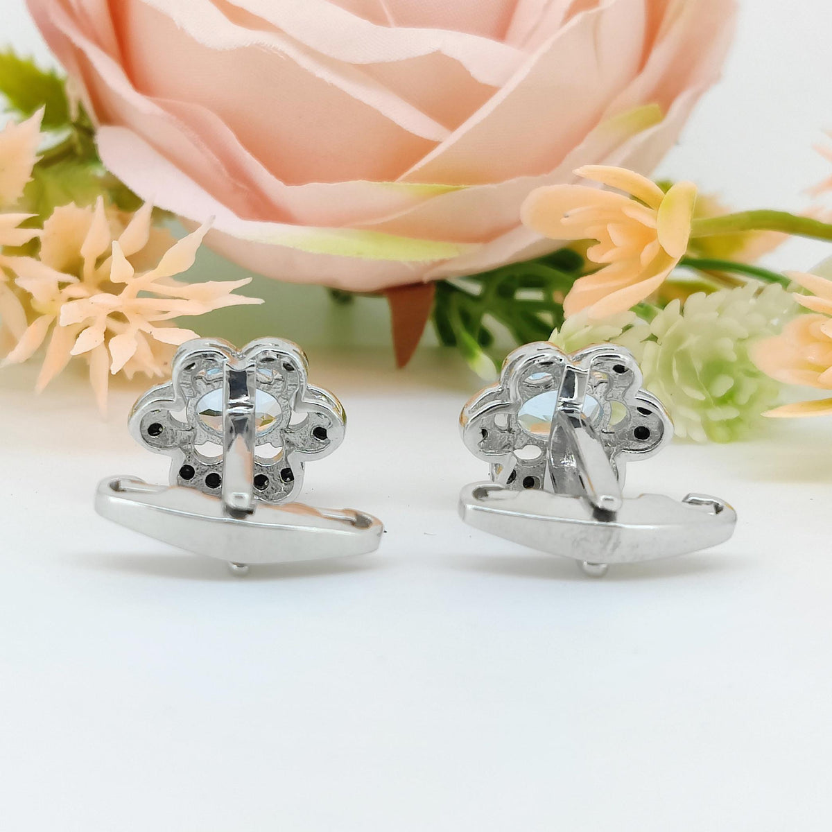 Oval Blue Topaz Cufflinks, 925 Sterling Silver, December Birthstone, Minimalist Flower Design