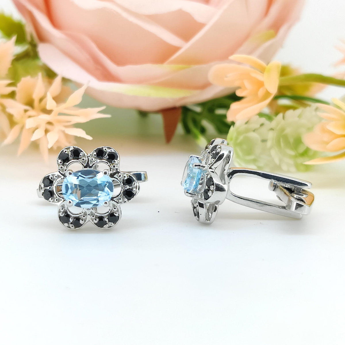 Oval Blue Topaz Cufflinks, 925 Sterling Silver, December Birthstone, Minimalist Flower Design