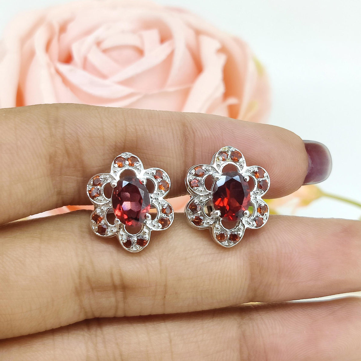Red Garnet Flower Cufflinks, Sterling Silver January Birthstone Jewelry