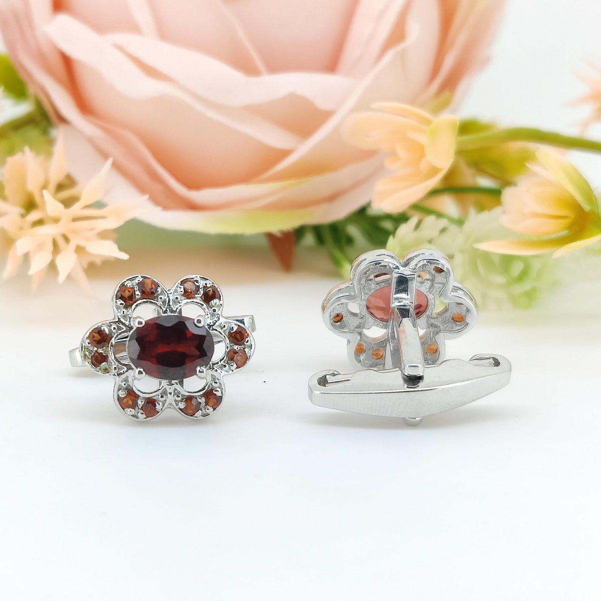 Red Garnet Flower Cufflinks, Sterling Silver January Birthstone Jewelry