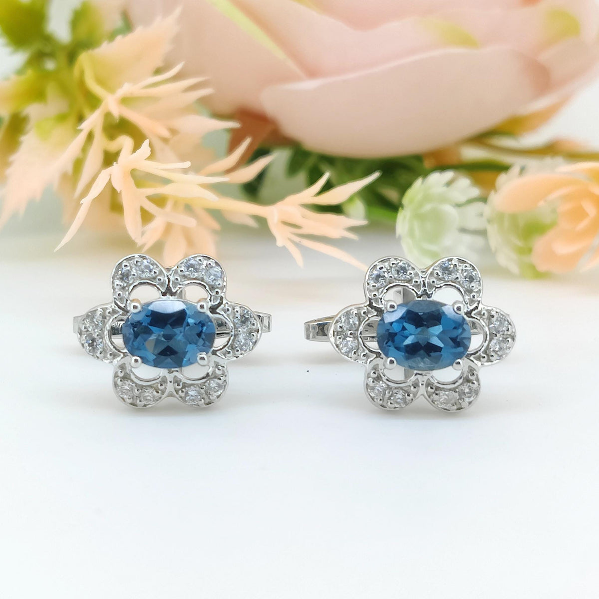 Oval London Blue Topaz Sterling Silver Cufflinks, December Birthstone Flower Cufflinks